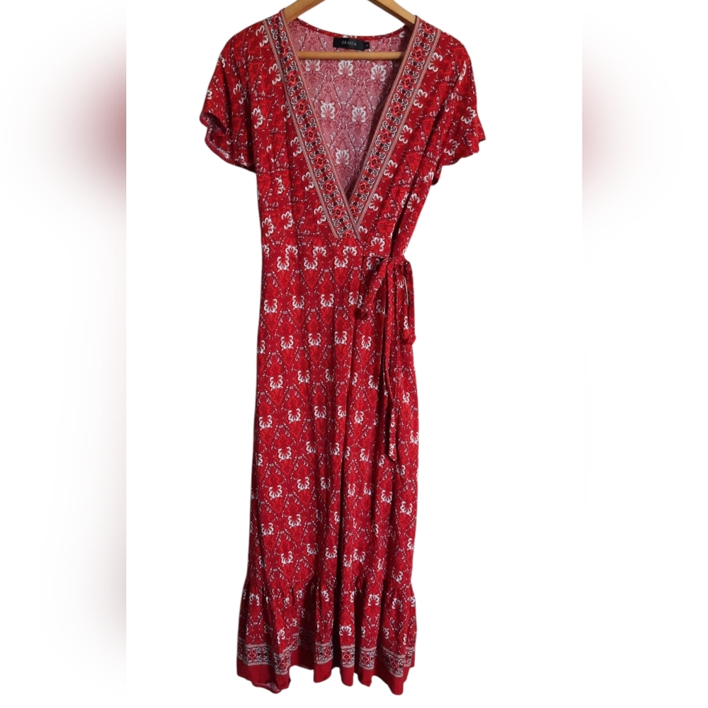 Zesica Boho Tiered Wrap Dress Paisley Red Maxi